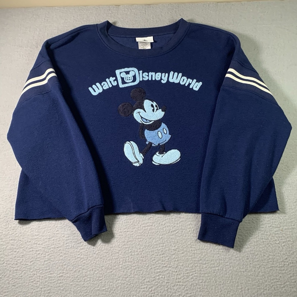 Walt Disney World Women's Small Blue Cropped Mickey Mouse Crew Sweatshirt